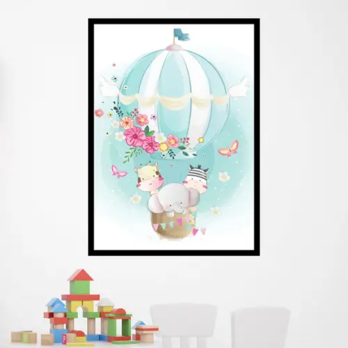 Arte Digital Quadro - Girafa Elefante Zebra Balão Aquarela