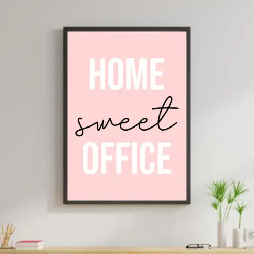 Arte Digital Quadro - Home Sweet Office Rosa Branco e preto