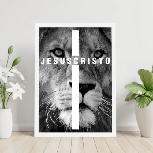 Arte Digital Quadro - Leão Cruz Jesus Cristo