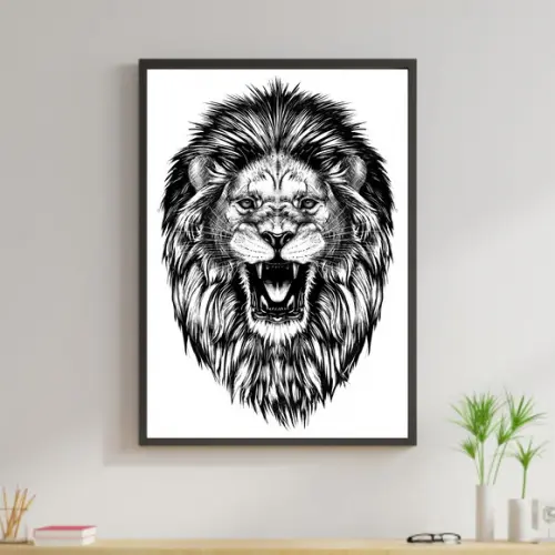 Arte Digital Quadro - Leão Preto e Branco