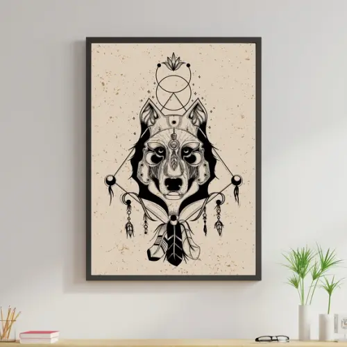 Arte Digital Quadro - Lobo Tribal Boho Apanhador de sonhos