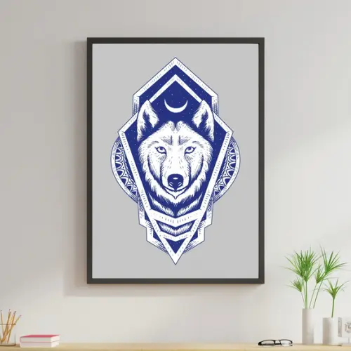 Arte Digital Quadro - Lobo Tribal Boho Lua Azul Cinza