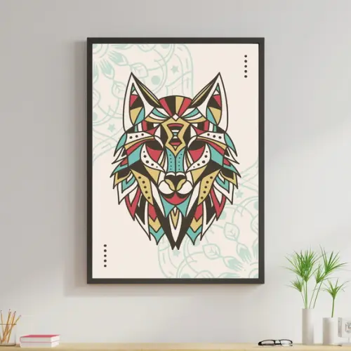 Arte Digital Quadro - Lobo Tribal Boho Colorido