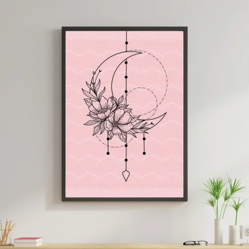 Arte Digital Quadro - Lua Tribal Rosa Boho Flores