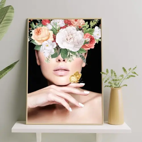 Arte Digital Quadro - Mulher E Flores - Borboleta Dourada