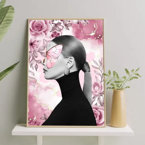 Arte Digital Quadro - Mulher E Flores - Borboleta Rosa