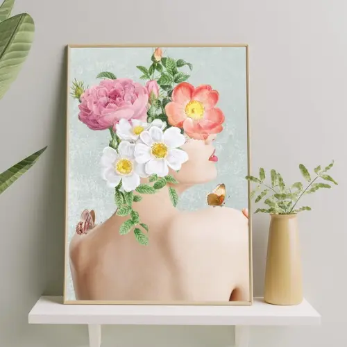 Arte Digital Quadro - Mulher E Flores - Cinza