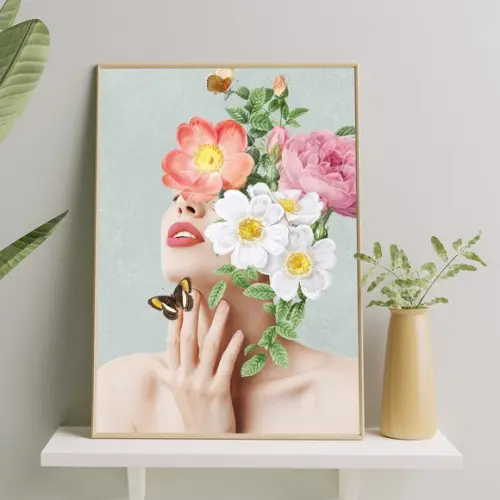 Arte Digital Quadro - Mulher E Flores - Cinza