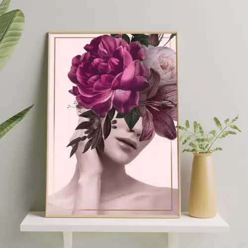 Arte Digital Quadro - Mulher E Flores - Rosa