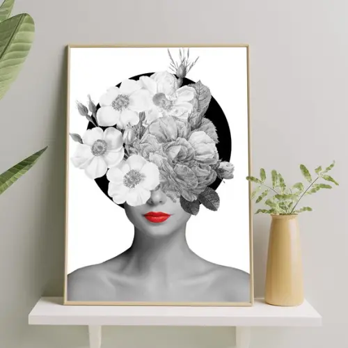 Arte Digital Quadro - Mulher E Flores - Preto E Branco