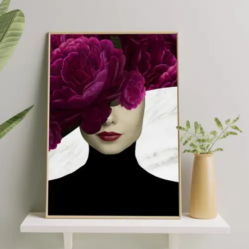 Arte Digital Quadro - Mulher E Flores - Mármore