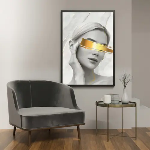 Arte Digital Quadro - Mulher Risco Dourado nos Olhos Mármore