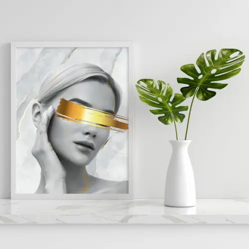 Arte Digital Quadro - Mulher Risco Dourado nos Olhos Mármore