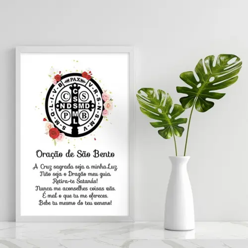 Arte Digital Quadro - Oração da medalha de São Bento Flores