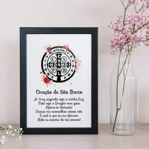 Arte Digital Quadro - Oração da medalha de São Bento Flores