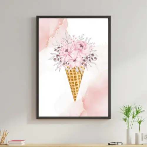 Arte Digital Quadro - Sorvete Flores Rosa Aquarela