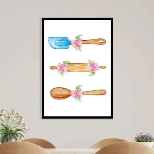 Arte Digital Quadro - Utensílios de Cozinha Aquarela Flores