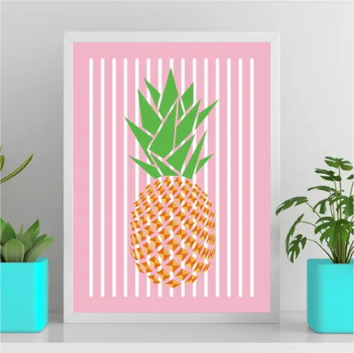 Arte Quadro Digital - Abacaxi Geométrico - Rosa com Listras