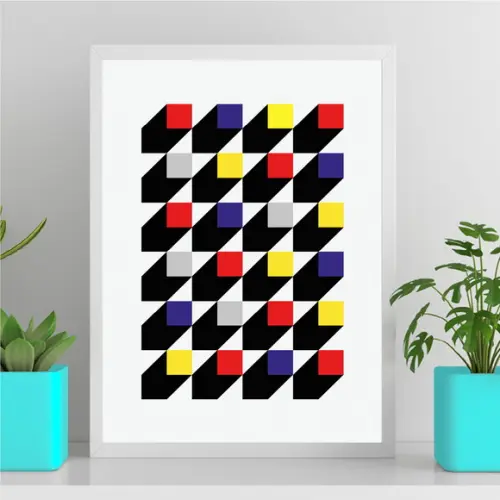 Arte Quadro Digital - Bauhaus Cubos - Vermelho Azul Amarelo