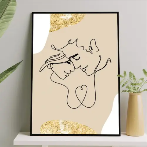 Arte Quadro Digital - Casal One Line - Bege Branco e Dourado