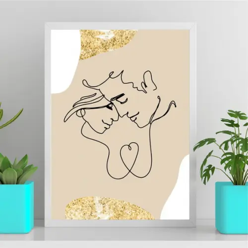 Arte Quadro Digital - Casal One Line - Bege Branco e Dourado