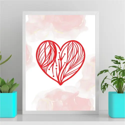 Arte Quadro Digital - Coração Arabescos - Aquarela Rosa