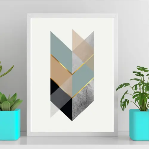 Arte Quadro Digital - Geométrico Setas Azul Marrom e Dourado
