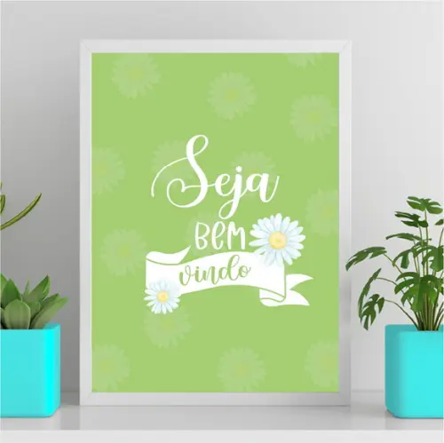 Arte Quadro Digital - Seja Bem Vindo - Verde com Margaridas