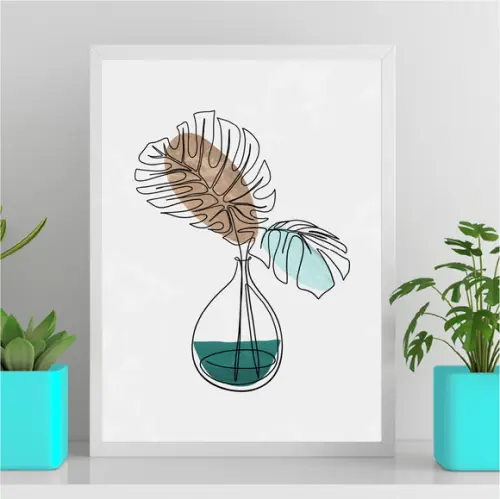 Arte Quadro Digital - Vaso Flores One Line - Marrom Turquesa