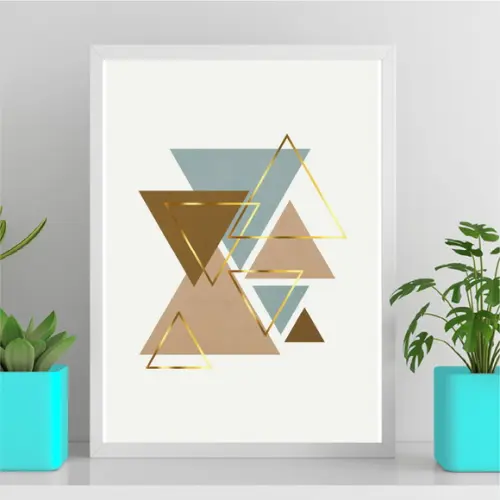Arte Quadro Digital - Triângulos Azul Marrom e Dourado