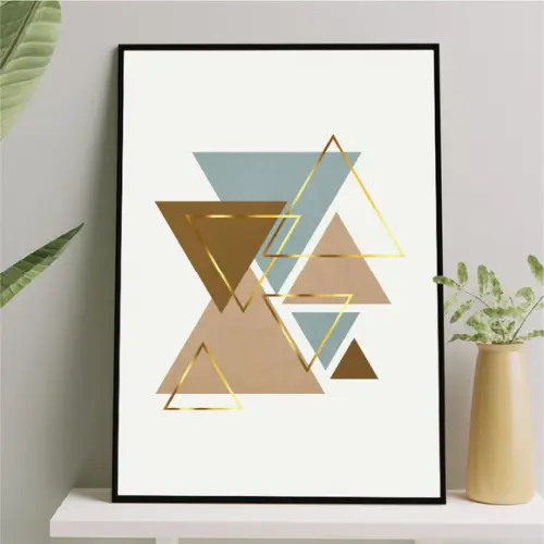 Arte Quadro Digital - Triângulos Azul Marrom e Dourado