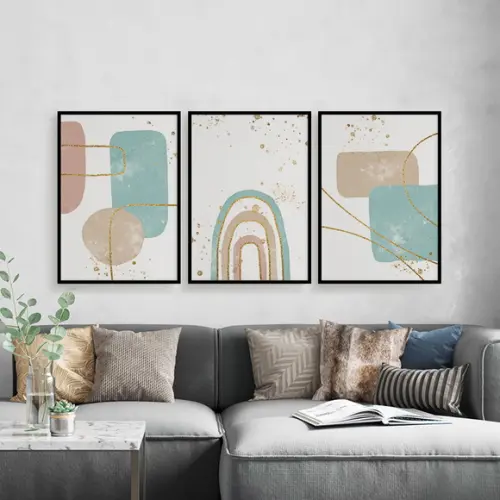 Trio Quadros Digitais - Abstrato Azul E Rosa Com Dourado