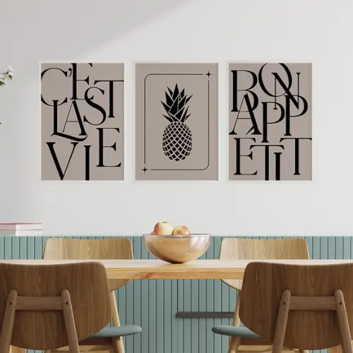 Trio Quadros Digitais - Abacaxi - C'est La Vie - Bon Appetit