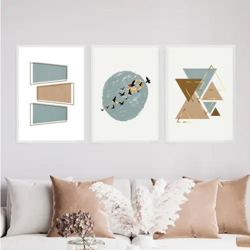 Trio Quadros Digitais - Abstrato Azul Marrom Dourado Pássaro