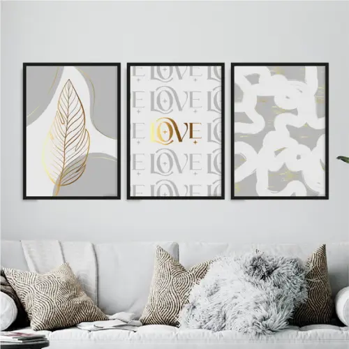 Trio Quadros Digitais - Abstrato Cinza Love Folha Dourado