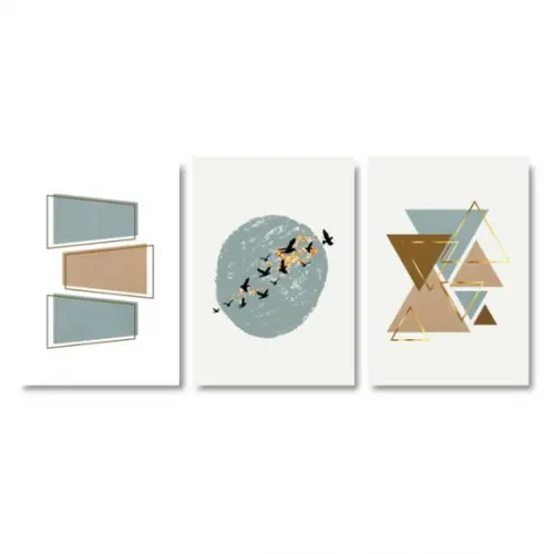 Trio Quadros Digitais - Abstrato Azul Marrom Dourado Pássaro