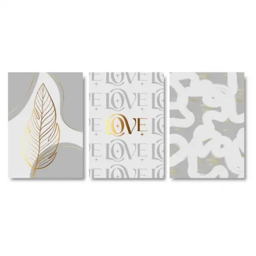 Trio Quadros Digitais - Abstrato Cinza Love Folha Dourado