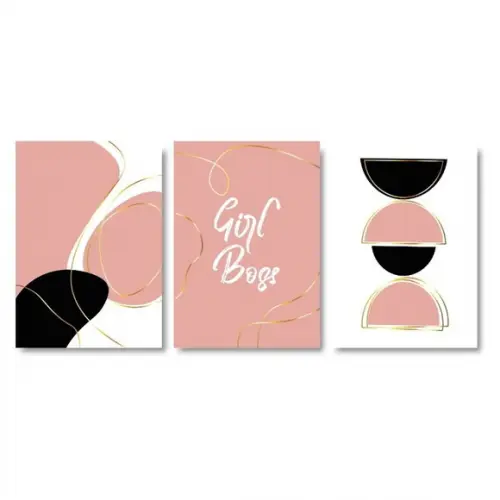 Trio Quadros Digitais - Abstratos - Girl Boss - Rosa e Preto
