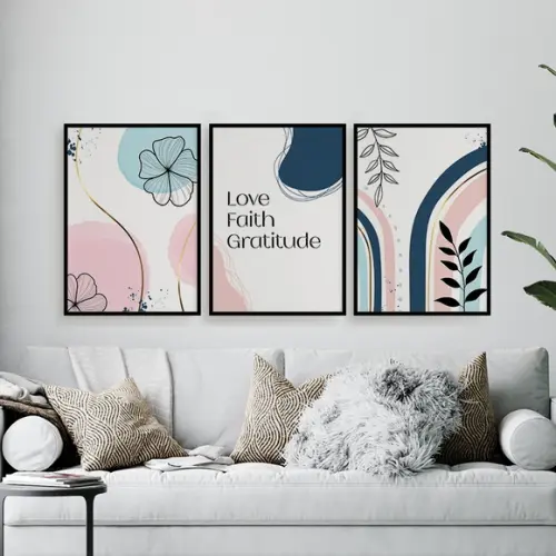 Trio Quadros Digitais - Abstratos Azul E Rosa Flores Arcos