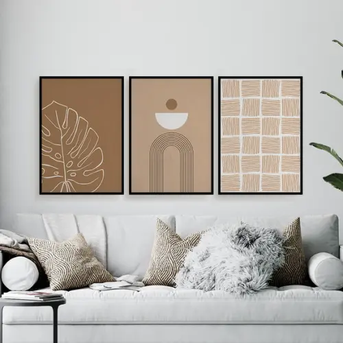 Trio Quadros Digitais - Abstratos Marrom E Branco