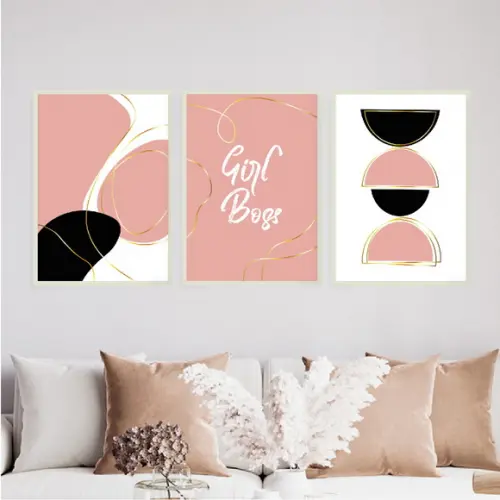Trio Quadros Digitais - Abstratos - Girl Boss - Rosa e Preto