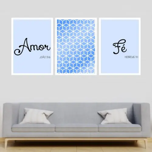 Trio Quadros Digitais - Amor Fé Cubos Azul