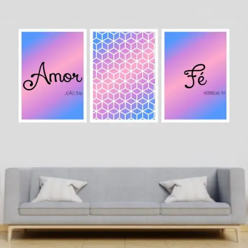 Trio Quadros Digitais - Amor Fé Cubos Azul Rosa Roxo