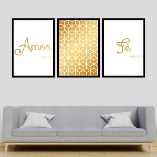 Trio Quadros Digitais - Amor Fé Cubos Branco e Dourado