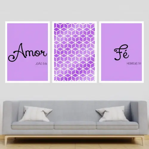 Trio Quadros Digitais - Amor Fé Cubos Lilás,