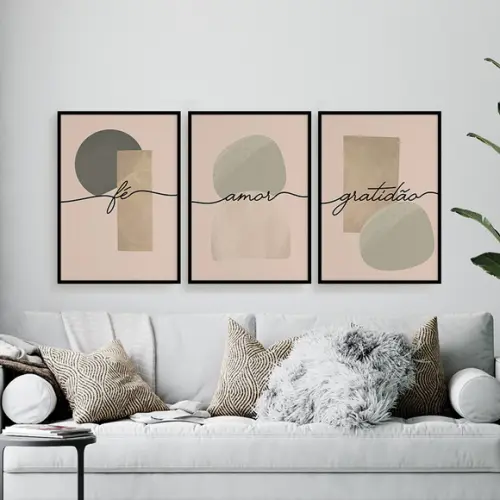 Trio Quadros Digitais - Amor Fé Gratidão Abstrato