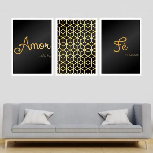 Trio Quadros Digitais - Amor Fé Cubos Dourado e Preto