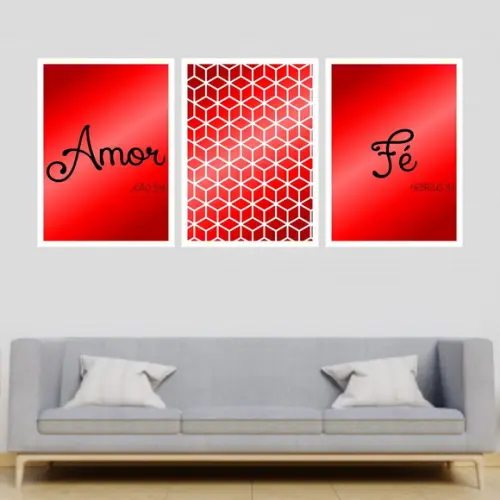 Trio Quadros Digitais - Amor Fé Cubos Vermelho