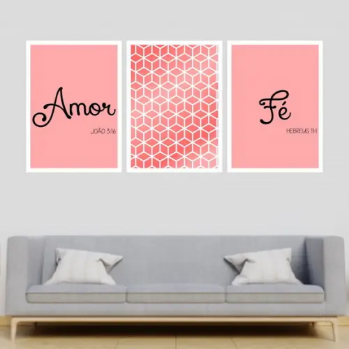 Trio Quadros Digitais - Amor Fé Cubos Rosa