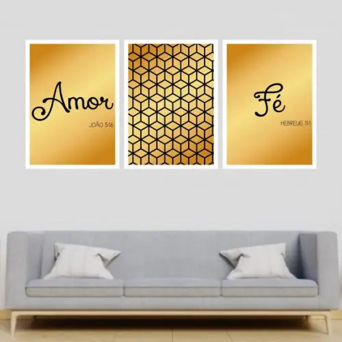 Trio Quadros Digitais - Amor Fé Cubos Dourado e Preto